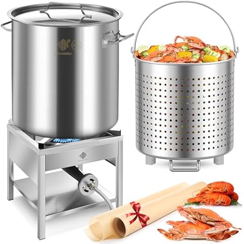 ARC 84QT Stainless Steel Seafood Boil Pot with 200,000BTU Propane Burner, w/Basket for Outdoor Deep Fryer, Large Cooking Pot for Turkey Fryer, Crab, Crawfish, Shrimp, Lobster Boiling Stock Pot Cover