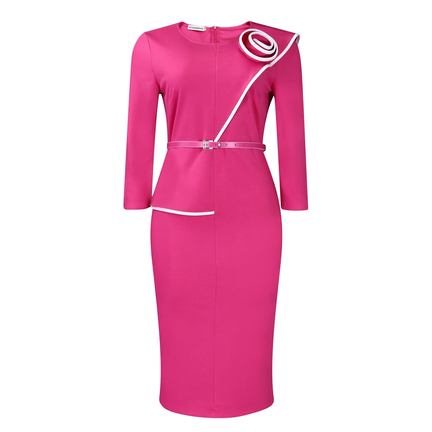2025 Womens Elegant 3D Floral Decoration Modest Business Work Dress Round Neck Long Sleeve Bodycon Midi Pencil Dress