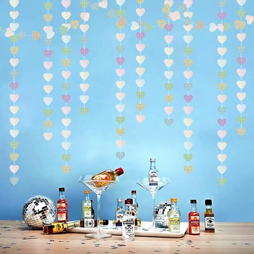Image of Iridescent Disco-Holographic Party-Decorations Heart Streamers-Garland - 52ft Glitter Dance Hanging Paper Banner, Wedding Bachelorette Birthday Euphoria Galentines Decor Hugfond