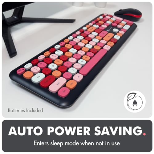 X9 Cute Wireless Keyboard and Mouse Combo - 2.4G Colorful Keyboard and Mouse Wireless with Retro Multi-Colored Typewriter, Keycaps for Windows Computer Keyboard, Laptop - Black
