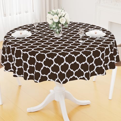 Image of Smiry Round Table Cloth, Flannel Backed Vinyl Tablecloth, 60 inch Round | Waterproof Plastic Tablecloths, Wipeable Table Cover for Dining, Indoor and Outdoor (Coffee)