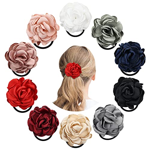 Cinaci 10 Pack Solid 4" Handmade Rose Flower Stretchy Rubber Elastics Hair Ties Ropes Hair Bands Headbands Rings Scrunchies Ponytail Holders Hair Accessories For Women Girls #TOP12