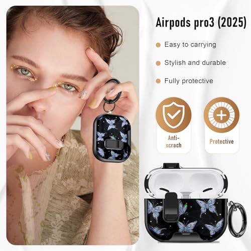Image of Compatible Airpods Pro 3 Case (2025)with Phone Stand & Cleaner Kit,Print Soft Silicone Lock Clip Apple AirPods Pro 3rd Generation Case, Airpod Pro 3 Cover with Keychain for Women /Girls,Blue Butterfly