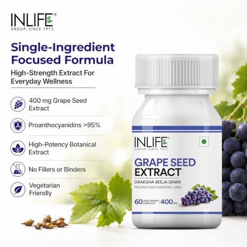 Image of INLIFE Grape Seed Extract Supplement 400mg, 95% OPC, 60 Veg Caps