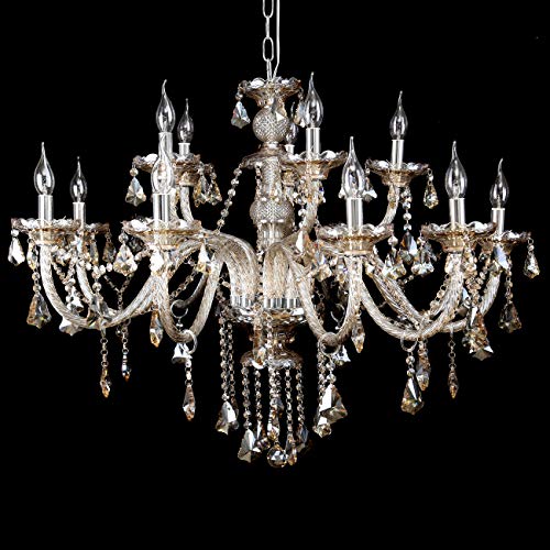 Iglobalbuy Cognac Lustre Cristal 15 Lumières, E14 Suspension Luminaire Lumineux Chaîne Réglable K9 Cristal Lustre(15 lumière)