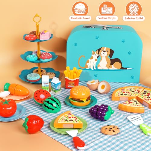 Image of Kids Picnic Basket, Toy Food for Toddlers 1-3, Play Food Sets for Kids Kitchen Role Playset with Carry Case Fake Food Fruit Play Kitchen Accessories, Birthday for Toddler Girls Boys