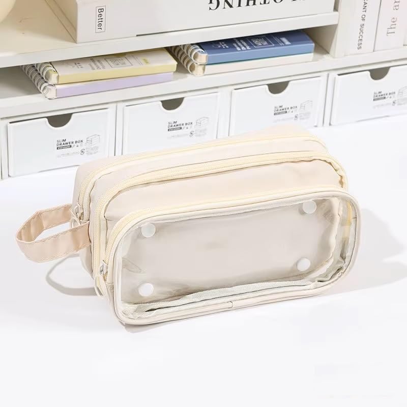 Image of U & U UNIQUE UTILITIES Pencil Pouch for Girls Aesthetic | Large Capacity Pencil Case with Detachable Front Pocket | Cute Pouches for School Girls | Pouch for Stationery (Off White)