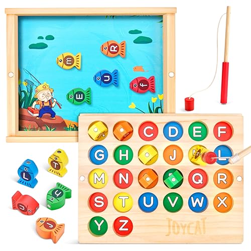 Image of JoyCat Wooden Magnetic Fishing Game for Toddlers, Alphabet Educational Color Sorting Games Puzzle, Fine Motor Skills Toy with Letters, Preschool Learning ABC Toys Gift for Kids 3 4 5 Years Old