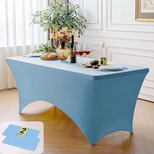 Image of FOLINS&HOME 2 Pack Baby Blue 4ft Fitted Spandex Water Resistant Tablecloth | Washable Elastic Rectangle Table Cover for 4 Foot Folding Tables, Stretch Table Cloth for Weddings, Banquets, Parties (2 Pcs)