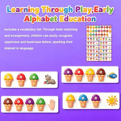 Image of Ice Cream Alphabet Cones Matching Toy,ABC Letter Matching and Color Sorting Learning Educational Game with Word List Uppercase Lowercase Recognition,Preschool Montessori Activities for Kids 3+