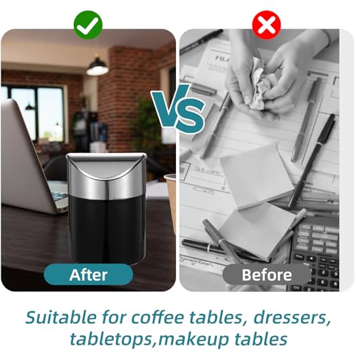 Image of Set of 2 Small Trash Can with Swing Lid - Black Stainless Steel Mini Garbage Can with Lid, Compact 4.72 inch x 4.72 inch x 6.3 inch Countertop Waste Bin for Office, Bathroom & Kitchen