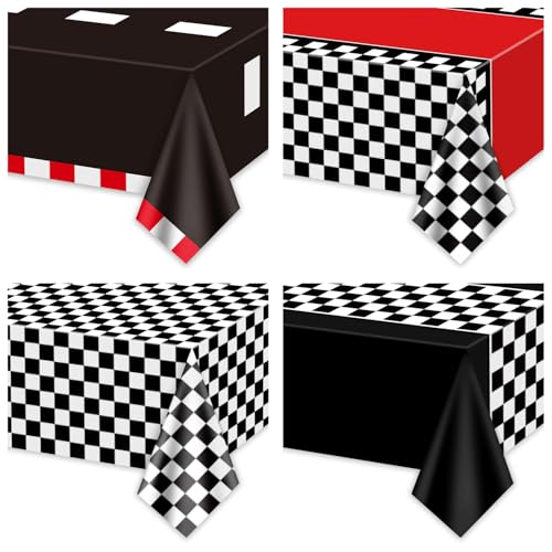 APUXXJUPA 4 toalhas de mesa de aniversário de carro de corrida, impermeáveis, xadrez, para crianças, artigos de festa, 4 estilos
