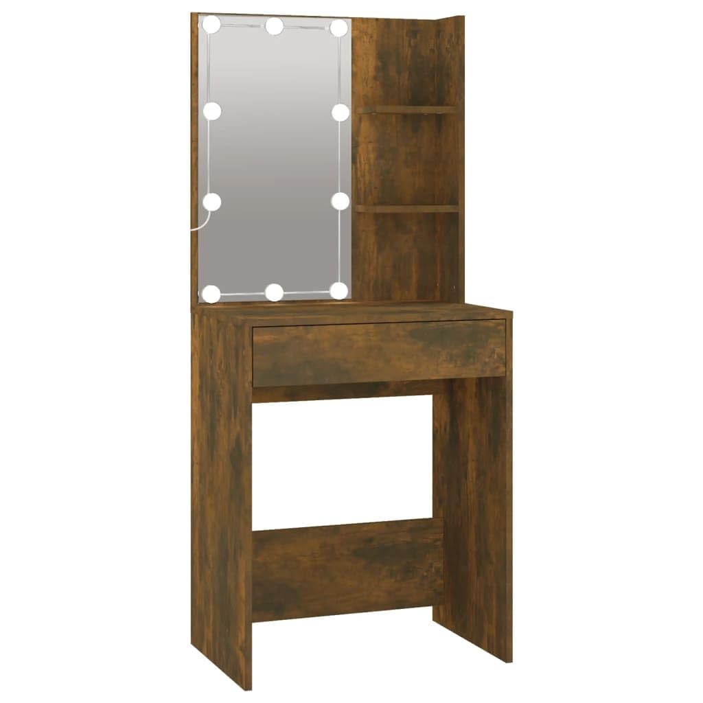LED-Schminktisch Mit Schrank Räuchereiche Holzwerkstoff | Mit Spiegel, LED-Leuchten USB Anschluss, Warm- Kaltweiß, Stauraum für Make-up