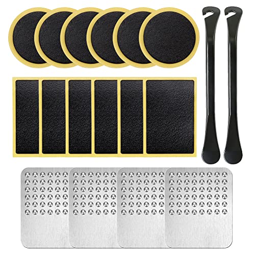 18Pcs Bicycle Tire Patches Puncture Repair Kit Included Black Iron Tyre Lever Glueless Self-Adhesive Patches Round Rectangle and 4 Pieces Metal Rasps Road Mountain Bike Quick Repair Tool