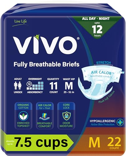 VIVO Organic Cotton Soft Breathable Overnight Adult Incontinence Diaper Briefs, Medium 22 Count