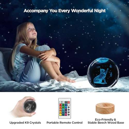 Image of 3D Cat Crystal Ball Night Light with Woodern Base, 3.15 inch Cat Figurines Glass Lamp with 16 Colors Cat Snow Globes Cool Desk Decor Cat Gifts for Women Girl Cat Lovers Kids Friends