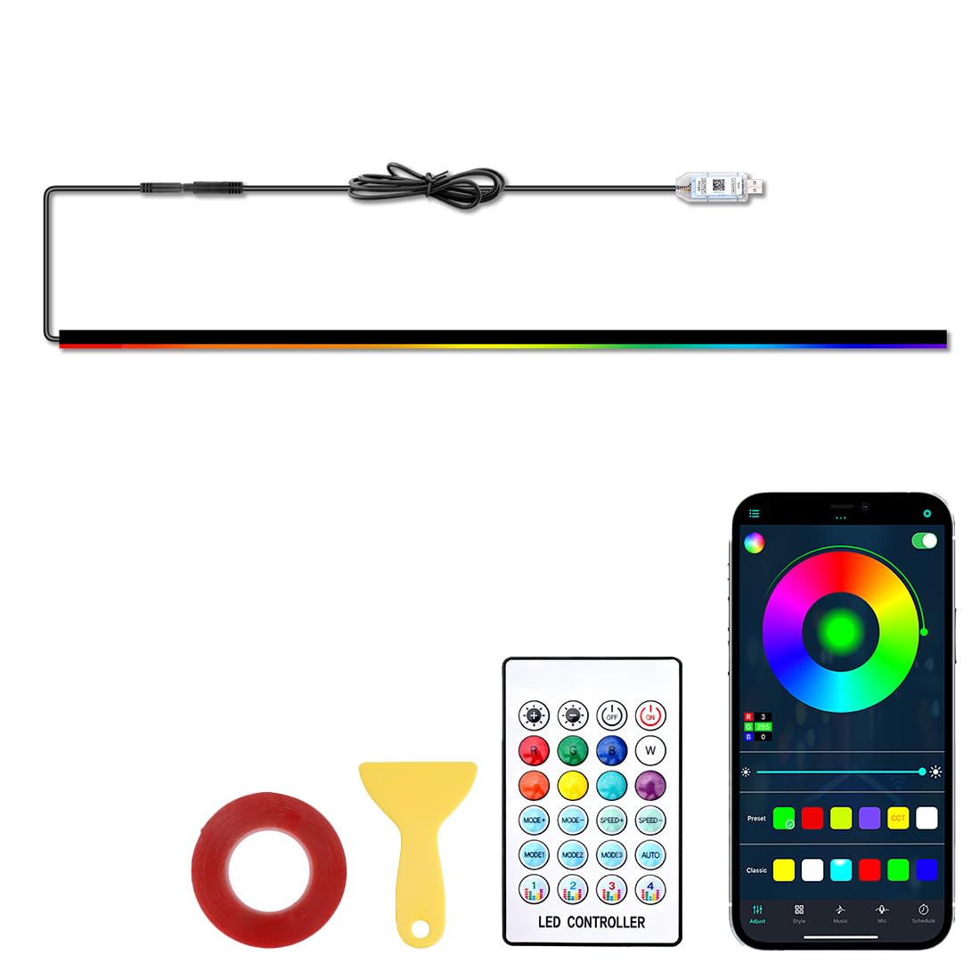 Acrylic Ambient Lighting Car Kit 43.3in/110cm,16 Million Colors,213 Modes LED Strip Lights,Dynamic Dreamcolor Chasing Music Sync Wireless APP Control,for Car Cabin Trim Dash Decoration.