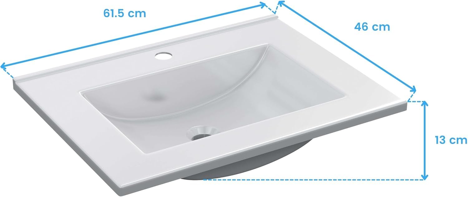 ARKITMOBEL Lavabo de Resina Acrílica (PMMA) Color Blanco, Pila Lavamanos Rectangular para Baño, Alta Resistencia y Ligereza, Medidas 61,5 cm (Ancho) x 13 cm (Alto) x 46 cm (Fondo)