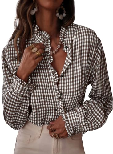 Astylish Women's Button Down Plaid Shirt Casual Tops 2025 Fall Flowy Long Sleeve Ruffle V Neck Trendy Checkered Blouses Coffee X-Large