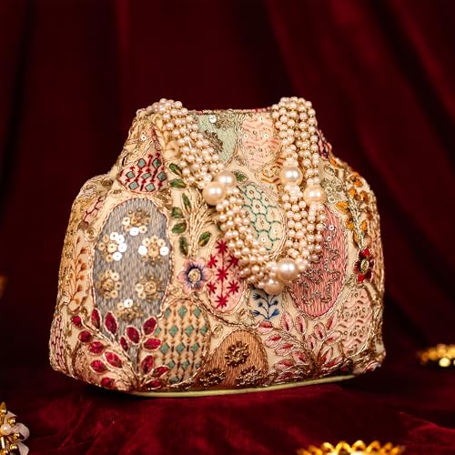 Image of Opulent Pearl Potli Bag, Bridal Wedding Handbag, Designer Beaded Clutch for Women, Festive Ethnic Purse