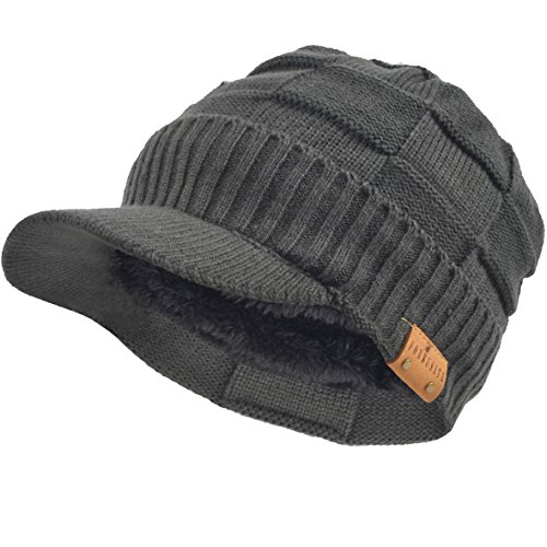 VECRY Hommes Bonnet Tricoté Visière Beanie Manchette Hiver Quotidien Newsboy Casquette (Plaid-Gris), Taille M