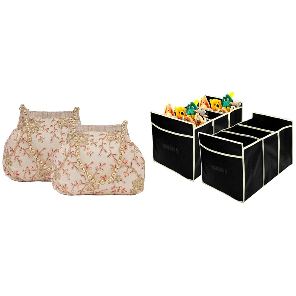 Pack of 2 Potli Bags for Ladies & Girls | Shagun Pouches for Festive Seasons | Batwa + Collapsible Portable Heavy Duty Cargo Trunk Organizer with 3 Compartments (Black)-image-20