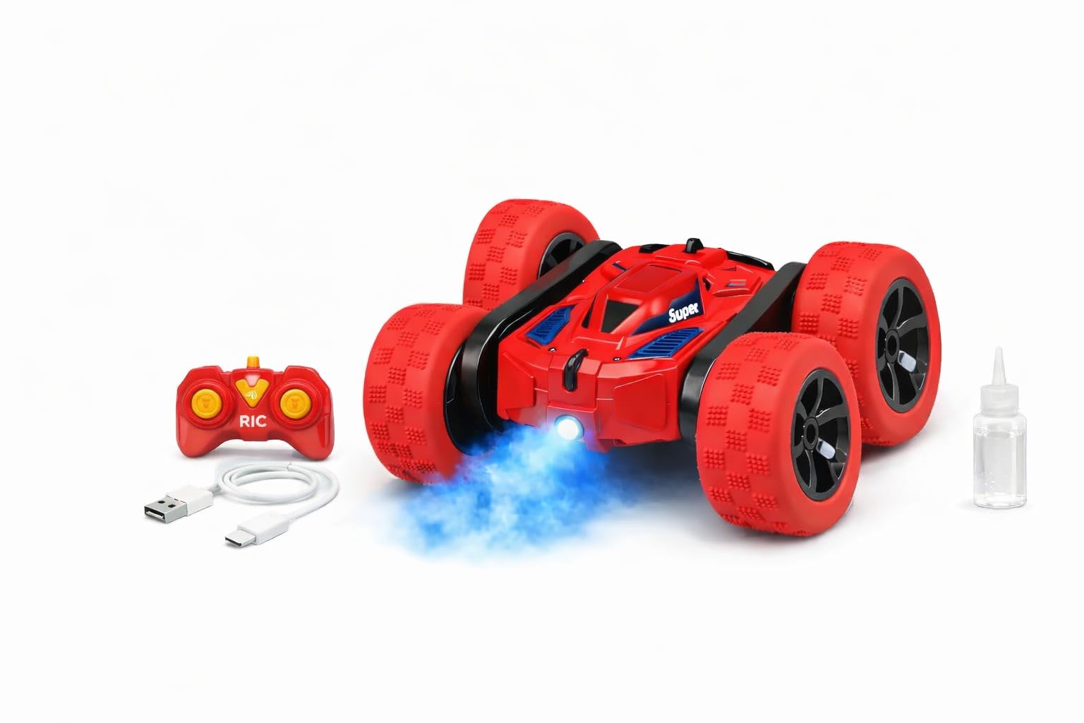 Brand Conquer RC Stunt Car for Kids, 360° Double-Sided Flip Remote Control Car with LED Lights, Music & Water Smoke Effect, USB Rechargeable Toy Car for Boys & Girls (red)