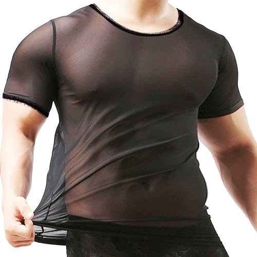 ZONBAILON Men's Sexy T-Shirts Mesh See Through Short Sleeve Undershirt Soft Breathable M L XL 2XL 3XL - X-Large - 1 Pack: Black