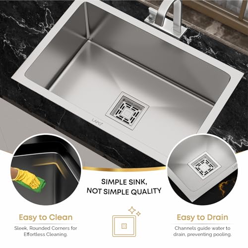 Image of LAPO Kitchen Sink Built Using Stainless Steel | 30x18x9 Inch Single Bowl Layout | UV Stable Surface with Built-In Tap Opening | Drain Assembly with Pipe & Strainer | 20 Years Warranty (Silver Matt)