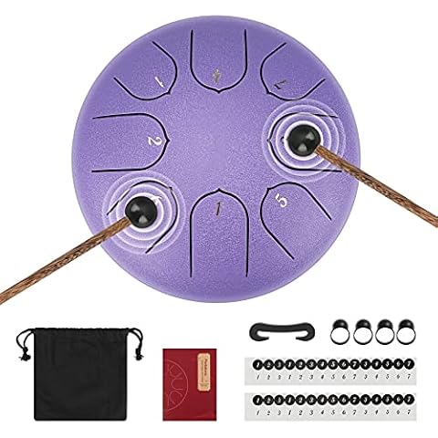 Augot Steel Tongue Drum, 6 Inches 8 Notes Hand Pan Percussion Drum Ethereal Drum Instrument Set for Music Education Yoga Meditation with Drum Mallets, Finger Picks, Music Book, Carring Bag, Purple Cover