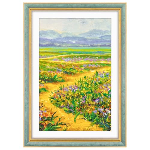Image of Golden State Art,13x19 Ornate Picture Frame Holds 11x17 Photo,Blue Gold | Includes plexiglass front,white mat,build-in hangers and buttons.Displays 11x17 photo on wall