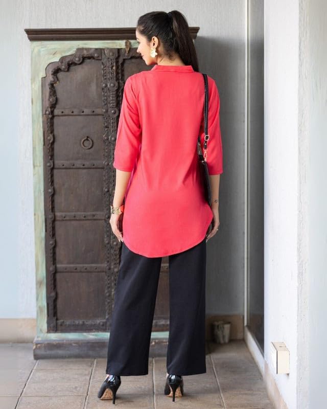 Image of Mlada Rayon Flare Top for Women | 3 /4th Sleeve Regular Fit and Flare Top | Women Office Tops Tunic | Western Long Shirt Top for Women | Shirt Collar Top for Women | Rayon Tunic Tops for Women Western