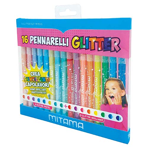 Mitama PENNARELLI Glitter TRIANGOLARI, Punta FINE, 8 Pastel + 8 Brillanti in Pet Box da 16 Pezzi