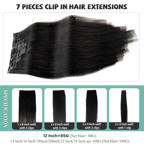 Image of Seamless Clip in Hair Extensions Human Hair, Natural Black Hair Extensions Real Human Hair Clip ins Extensions 7pcs 100G 16 Inch, Ubetta Straight Remy Human Hair Extensions for Women