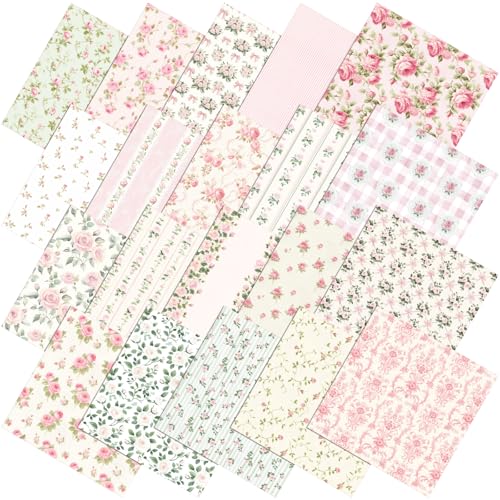 Tudomro 60 Pcs Pink Floral Quilting Fabric Squares 10 x 10 Inch Rose Stripe Gingham Fabric Bundles Sage Green Flower Fat Quarters Cottage Core Precut Patchwork Material for Sewing Quilts Crafts Decor