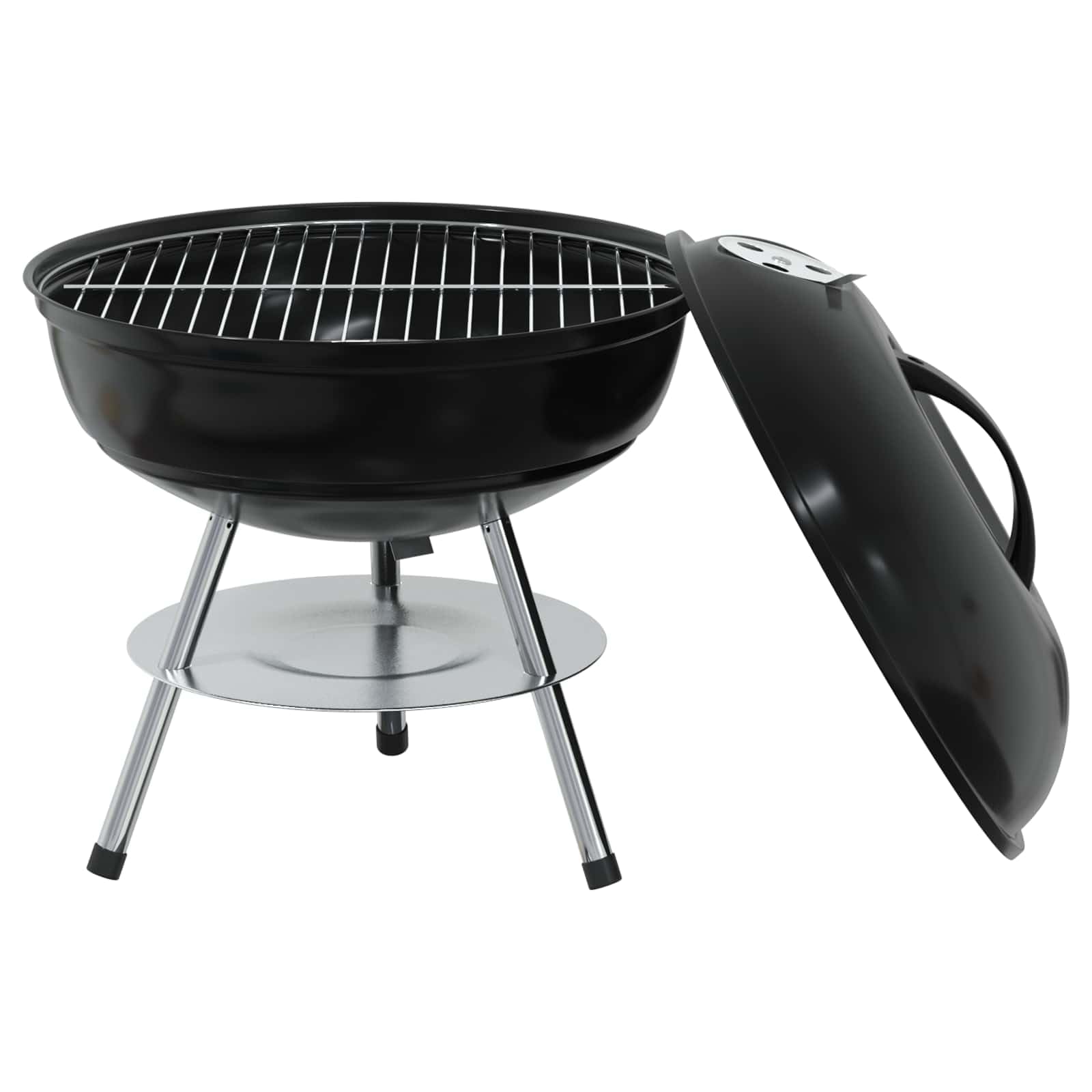 Barbecue a carbonella nero, 36,5 x 36,5 x 40 cm, con coperchio pieghevole, contenitore per cenere, griglia per balcone, terrazza, giardino, all'aperto, campeggio, ideale per carne, verdure