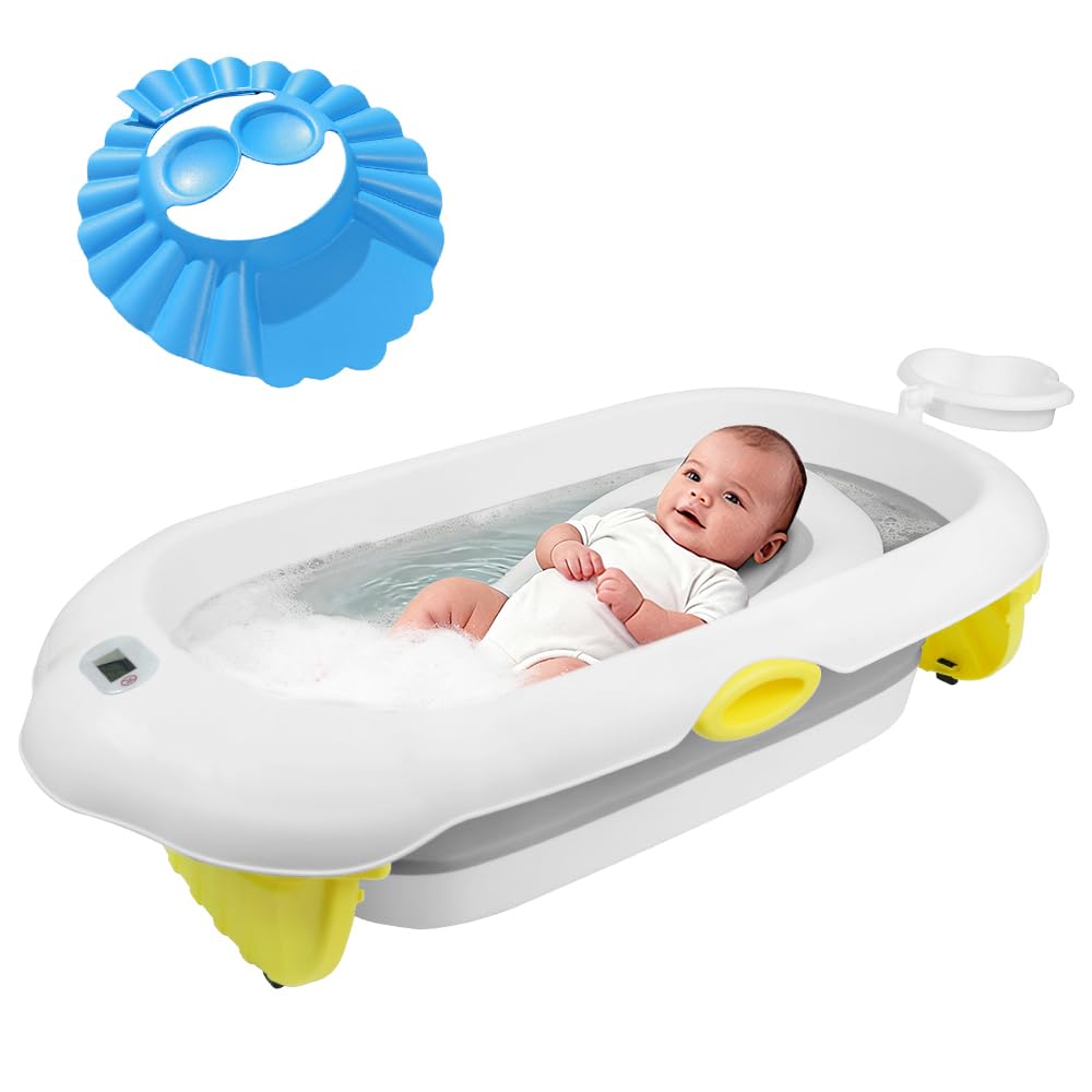 Bañera de bebé plegable con termómetro incorporado, que incluye soporte de baño y gorro de champú, fácil de limpiar, adecuado para su uso en la ducha y en el baño (gris)