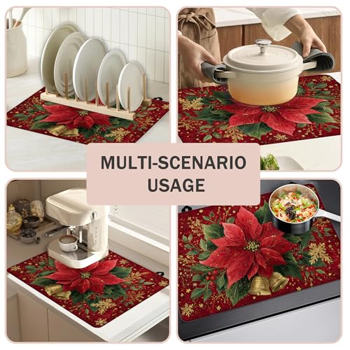 Image of Christmas Holly Berrie Leaves Stove Top Cover for Electric Stove, Heat Resistant Glass Cooktop Cover, Stovetop Protector, Dish Drying Mats Cover for Ceramic Washer Top 28x20 inch