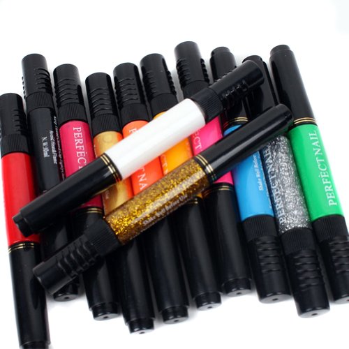 NSSTAR 12 Colors 2 in 1 Two-way Acrylic Nail Art DIY Nail Vanish Polish Dotting Tools Drawing Painting Pen & Brush Set Kit
