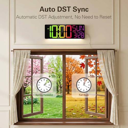 Image of JALL 17.98 inch Large Digital Wall Clock with RGB Lights & Remote, Digital Clock with Bluetooth Sync & DST, Wall Clock with Temperature & Seconds Display, Clocks for Living Room, Seniors