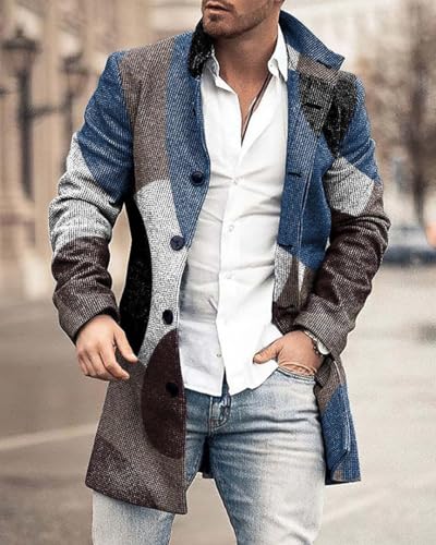 Mens Plaid Trench Coat Vintage Graphic Mid Long Jacket Coats Lapel Single Breasted Wool Blend Color Block Overcoat2