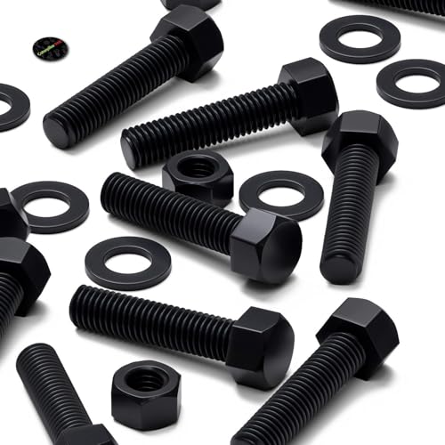 Image of 10x Black Nylon PA66 Hex Head Plastic Bolts, Nuts & Washers, M12 x 50 mm, Fastener, (15 /32 x 1 31 /32 in)