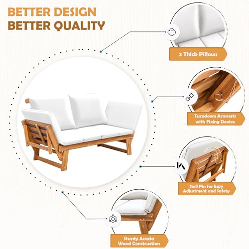 Greesum Patio Convertible Couch Sofa Bed With Adjustable Armrest, Acacia Wood Outdoor Daybed With Cushion & Pillow thumb #3