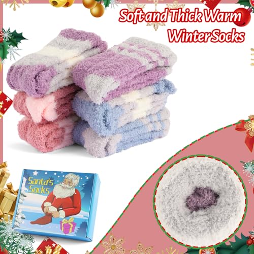 Image of SAIWEILAI ONLINE 7 Pieces Christmas Fuzzy Socks Gift Set:6 Pair of Soft Cozy Warm Socks with Christmas Gifts Box for Women