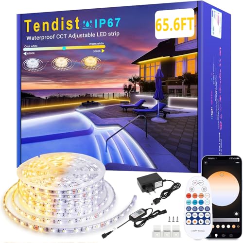 TENDIST 65.6FT Outdoor LED Strip Lights Waterproof IP67, Dimmable 3000K-6500K Warm White LED Rope Lights Outdoor Waterproof with Remote & APP, 24v Adhesive Exterior Lighting for Patio, Deck, Gazebo