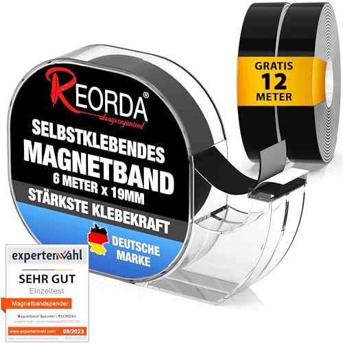 REORDA® Magnetband selbstklebend im Spender (18 Meter) - Magnetstreifen - Magnetklebeband hervorragend für Postkarten, Fotos & Whiteboards geeignet