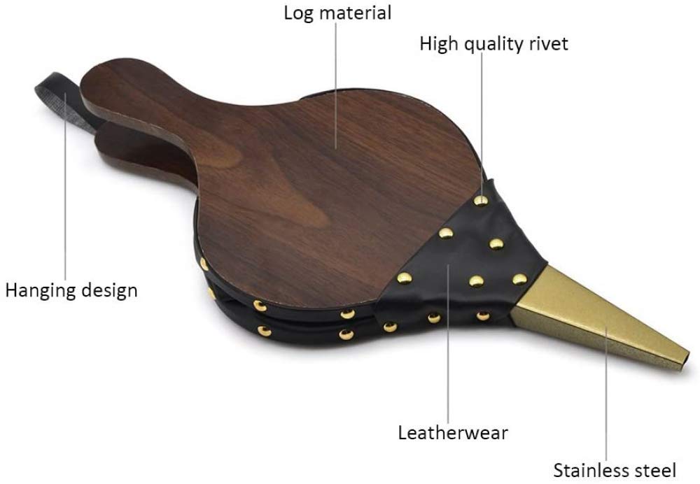 Soffietti da camino, Soffietto for camino in legno, soffiatore d'aria manuale da 15,3 pollici con cinturino in pelle appeso for barbecue da campeggio