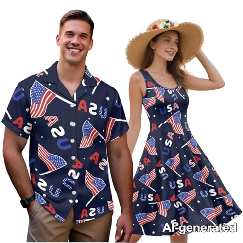 Image of Hawaii Matching Couple Outfits Husband and Wife Clothing Fashionable Mens Casual Shirts Hawaii Dress with Soft Fabric