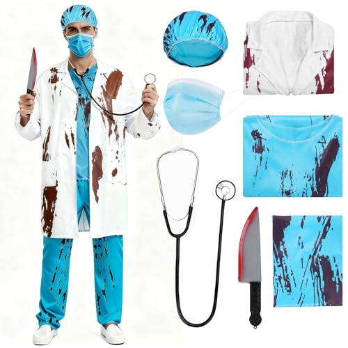 Antsparty Zombie Arzt Kostüm Herren Halloween Kostüm Zombie Set mit Arztkittel Doktorhut Oberteil Hose Maske, Horror Doktor Kostüm Chirurg Cosplay für Halloween