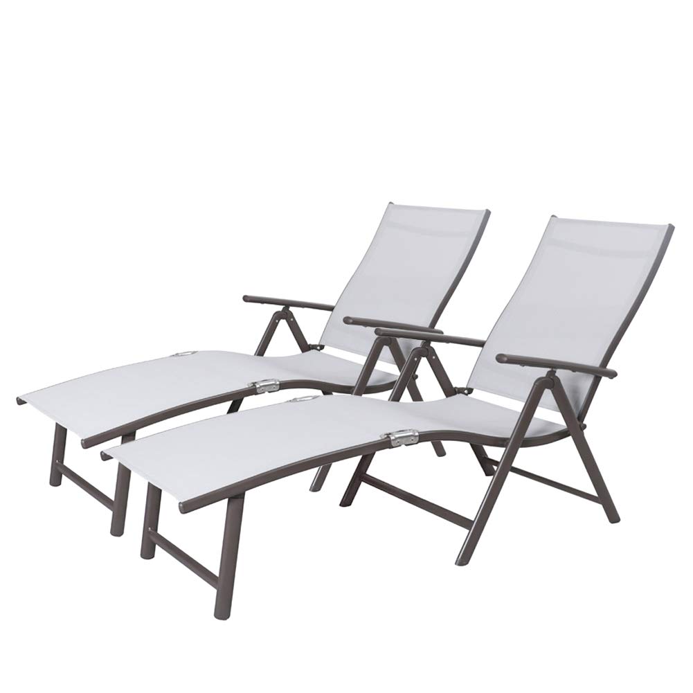 Crestlive Products Aluminum Beach Yard Pool Folding Recliner Adjustable Chaise Lounge Chair All Weather for Outdoor Indoor, Brown Frame (2 PCS Light Gray)